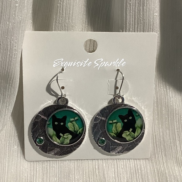 😸Oxidized Silver Alloy Black Cat Circular Hook Drop Earrings - Picture 5 of 15